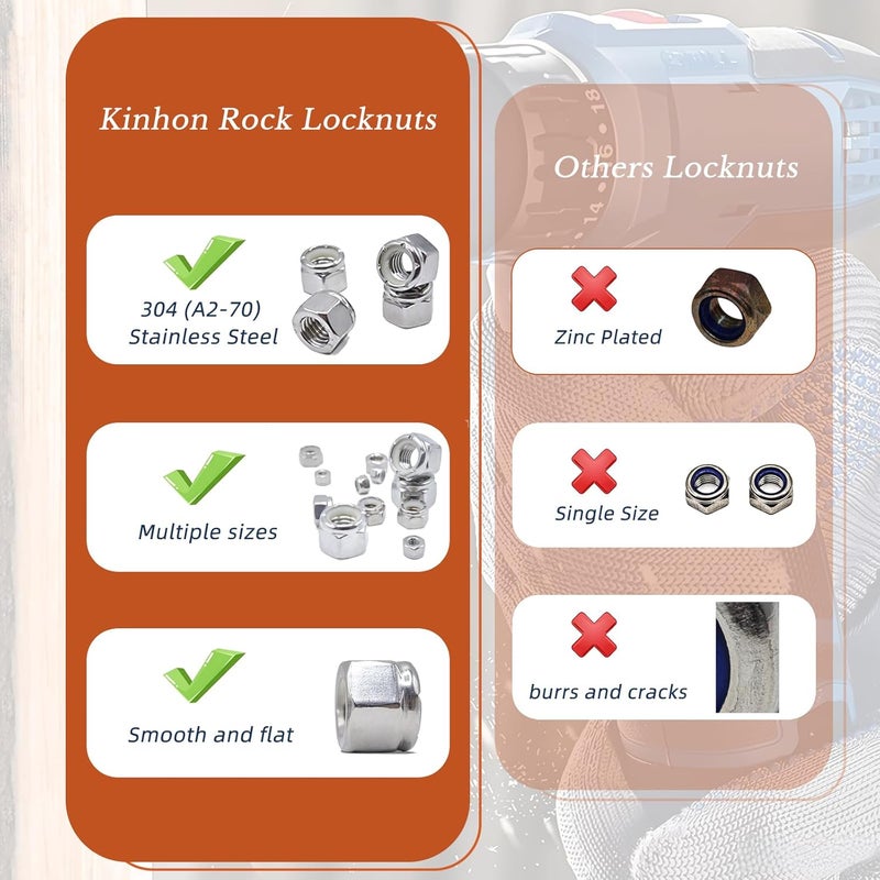 KINHON 70pcs SAE Lock Nuts Assortment Set Nylon Insert 304 Stainless Steel Hex Lock Nuts Kit 10#32 1/4"-20 5/16"-18 3/8"-16 1/2"-13 with Box Reusable for DIY Home Automotive Industrial - Image 4